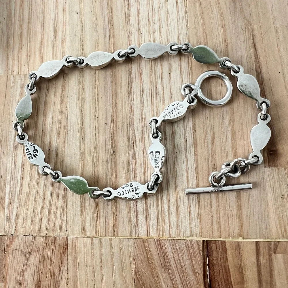 Taxco Sterling silver green malachite teardrop linked bracelet anklet chain